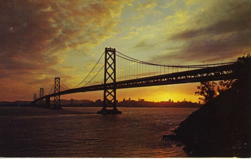 Bay Bridge at sunset, San Francisco, Oakland CA. California USA Postcard 