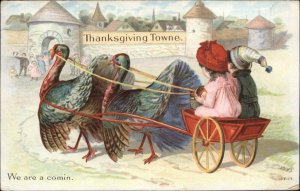 Thanksgiving Fantasy Children Pulled in Turkey Cart c1920 Vintage Postcard