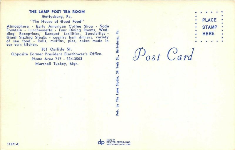 Gettysburg Pennsylvania 1960s Postcard Lamp Post Tea Room Interior
