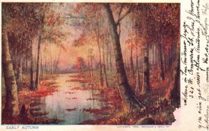 Vintage Postcard 1907 Early Autumn Scenic View Forest Trees Along River Stream
