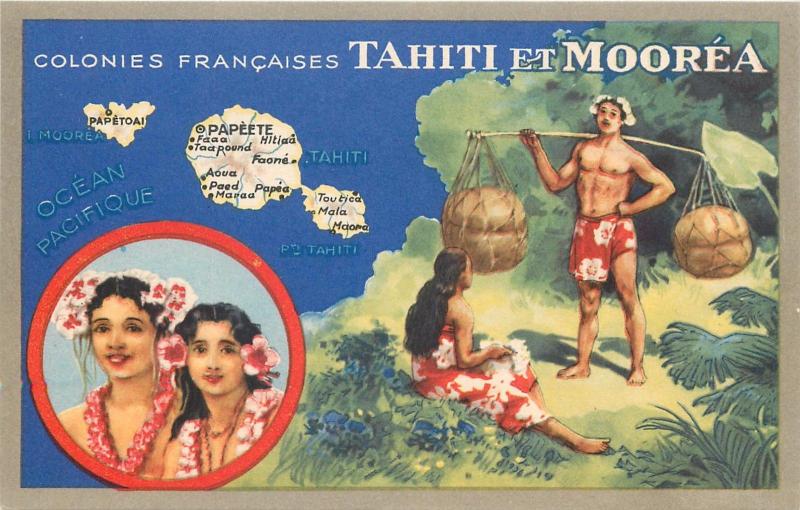 Oceania French Colonies Tahiti & Moorea map native beauties Lion Noir trade card