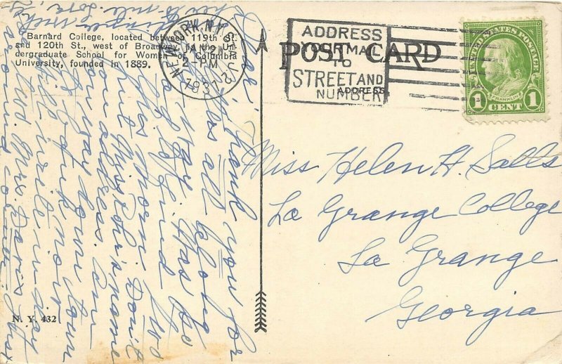 New York City NY 1931 Postcard Barnard College Columbia University