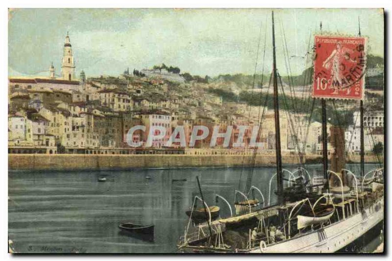 Old Postcard Menton harbor boat