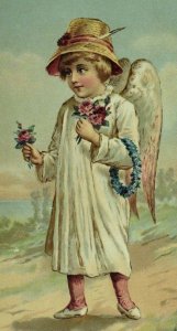 1880's-90's Victorian Card Beautiful Child-Angel With Hat & Flowers &IJ