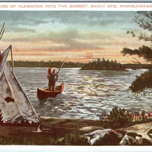c1910s Sault Ste. Marie ON Hiawatha Native American Canoe Postcard Sunset A88