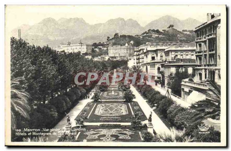 Old Postcard Menton General view of the Gardens Hotels and Mountains of Sta A...