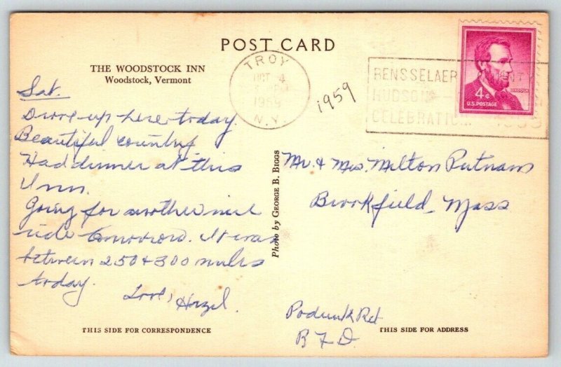 Vintage Vermont Postcard -  The Woodstock Inn   1959