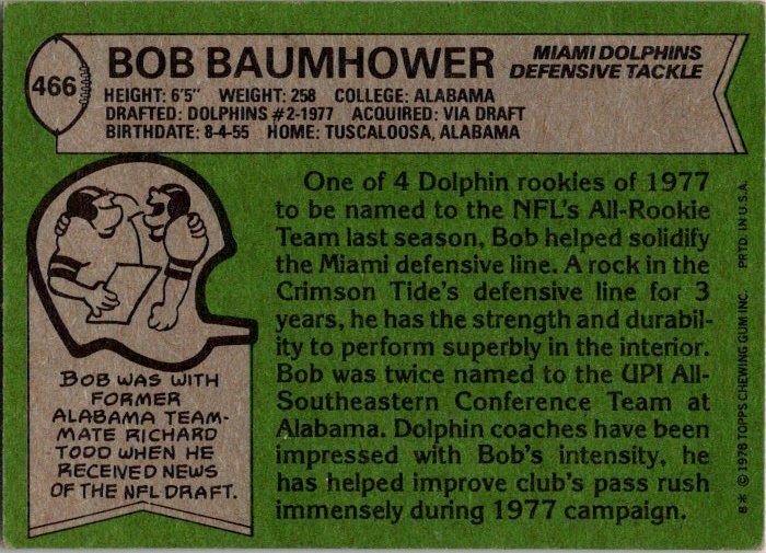1978 Topps Football Card Bob Baumhower Miami Dolphins sk7232