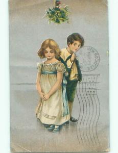 Pre-Linen CUTE GIRL UNDER MISTLETOE WITH BOY k7308