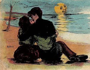 1906 MOON FACE KISSING COUPLE BEACHSIDE ANTLERS ARTIST SIGNED POSTCARD 39-59