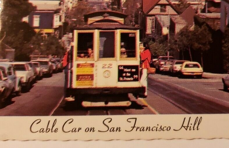 Vintage Postcard San Francisco cable car Hyde Street old autos ocean view ships