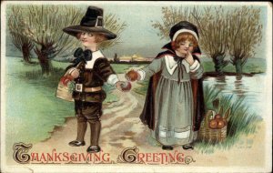 Thanksgiving BB London No. 2702 Pilgrim Boy and Girl Flirting Vintage Postcard