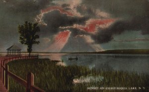 Vintage Postcard Scenic View Of Sunset On Chautauqua Lake New York NY C.T Photo