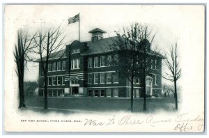1906 New High School Campus Building US Flag Three Rivers Michigan MI Postcard