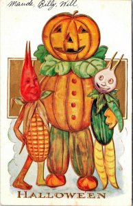Vintage Anthropomorphic Pumpkin Man&Vegetable People Antique Halloween Postcard