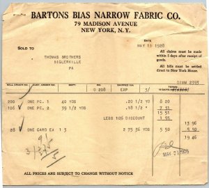 1927  New York City  Bartons Bias Narrow Fabric Co. Receipt  8 x 7