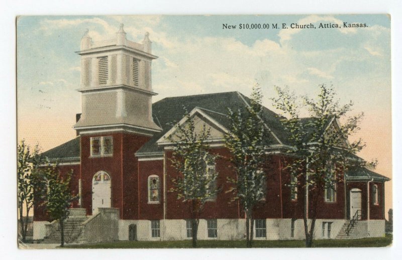 Postcard New $10,000.00 M. E. Church Attica Kansas Standard View Card