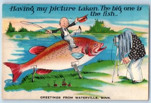 Waterville Minnesota Postcard Greetings Fishing Exaggerated 1957 Vintage Antique