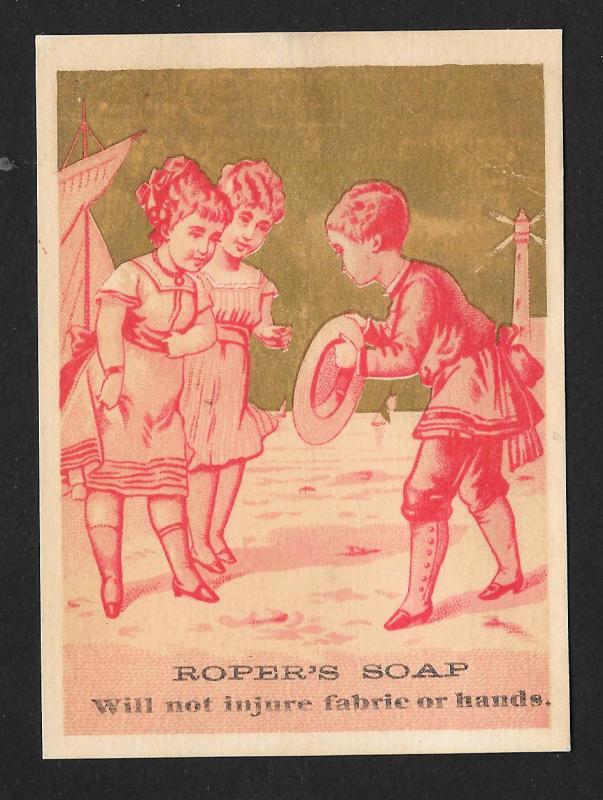 VICTORIAN TRADE CARD Ropers Soap Red Tint Man Greeting Two Ladies at Shore