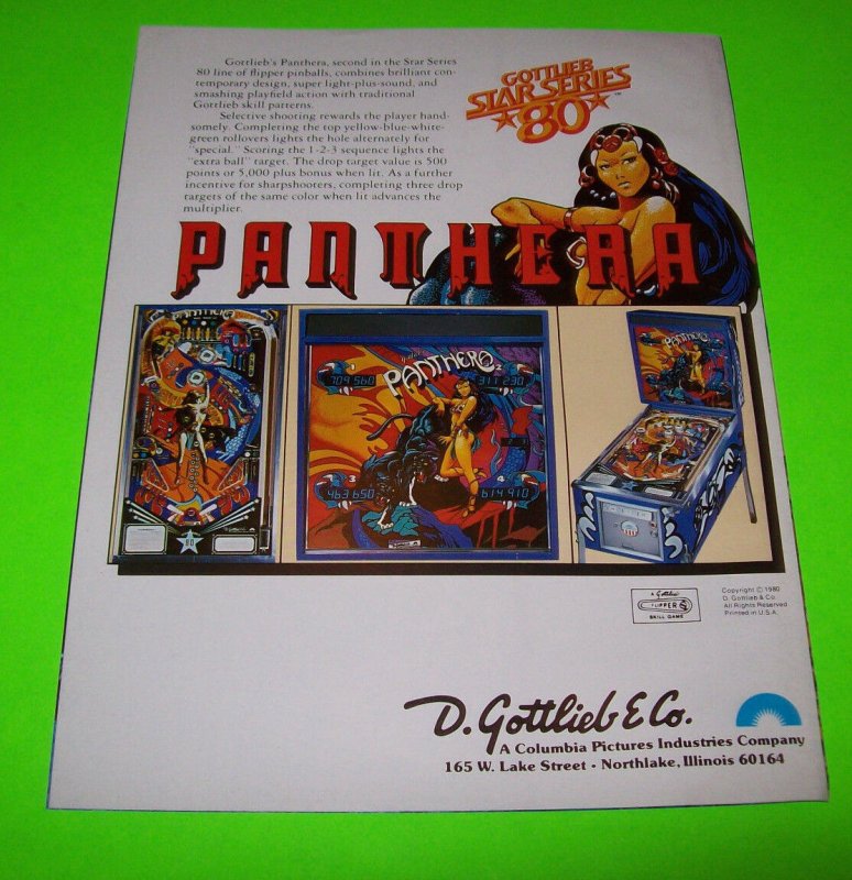 Panthera Original NOS 1980 Pinball Machine Promo Sales Flyer Brochure 