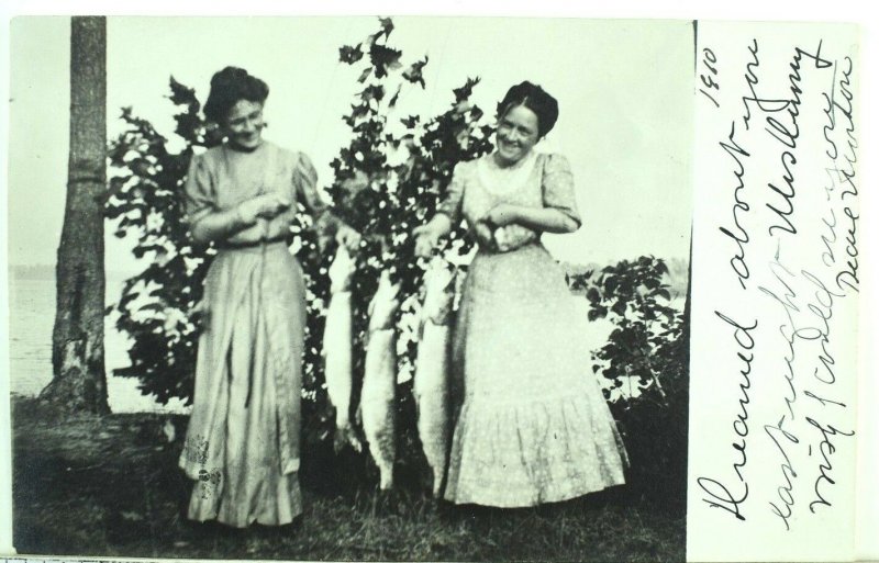 Circa 1910 RPPC ID'd Ladies With Large String of Fish Real Photo Postcard P37