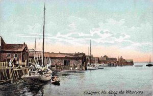 Boats Along the Wharves Eastport Maine 1910c postcard