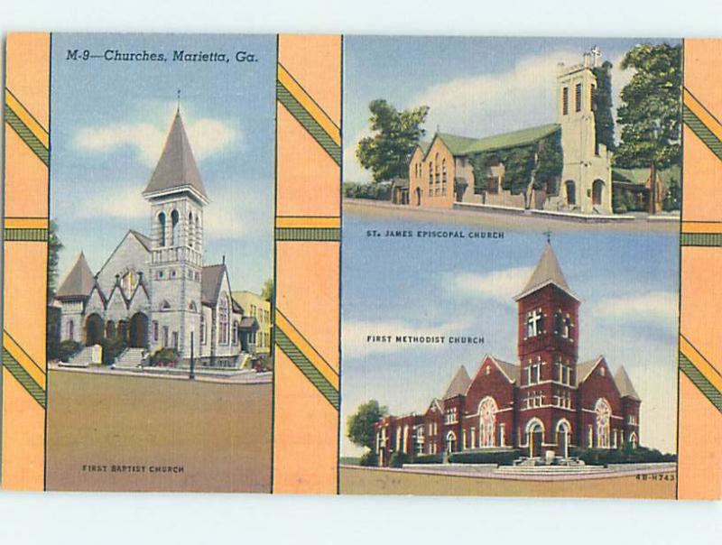 Linen THREE VIEWS ON ONE POSTCARD - CHURCH SCENE Marietta Georgia GA hs7370