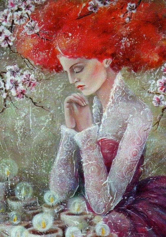 Pretty LADY Woman with Red Hair Candle by Yana Fefelova Russian Modern Postcard