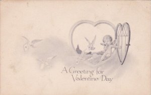 Valentine's Day Cupid Opening Door Of Heart Releasing Doves Gibson