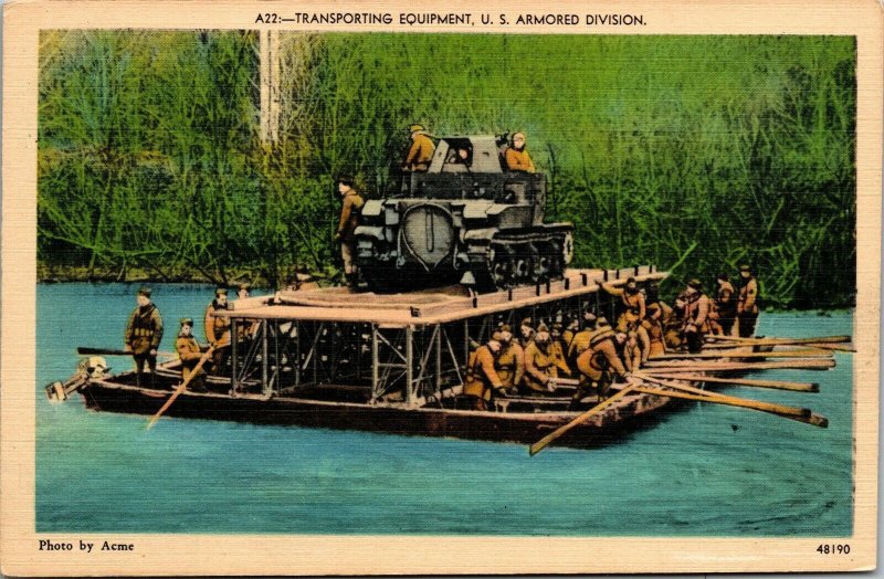 Vtg Transporting Equipment US Armored Division on River 1940s WWII Era Postcard