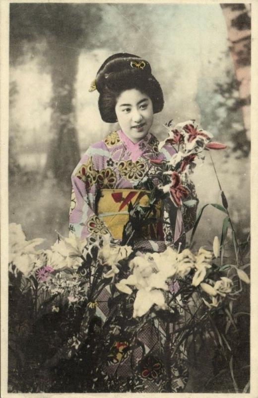 japan, Beautiful GEISHA Lady in Kimono, Orchideae Flowers (1910s)