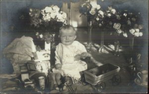 Child Baby & Toys Flowers CRISP Amateur Real Photo Postcard c1910