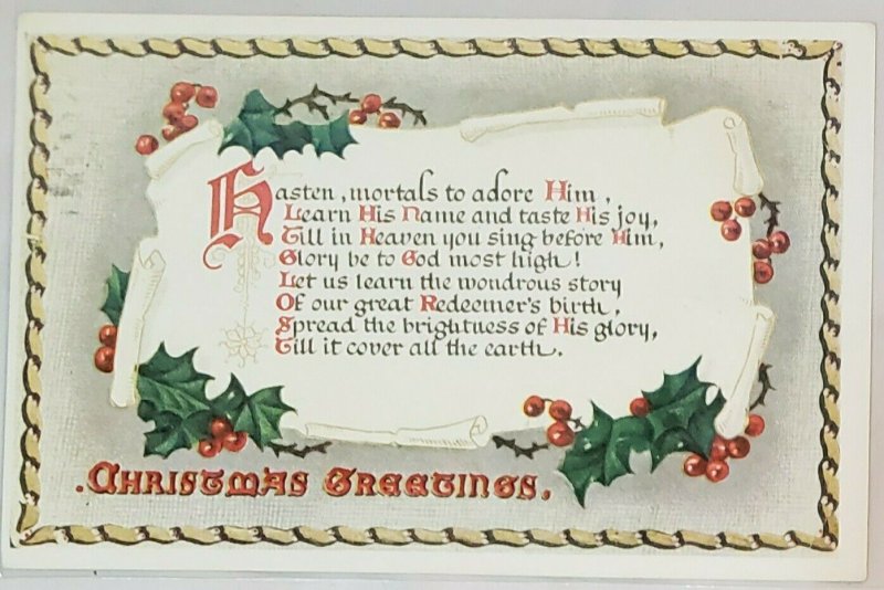 Postcard:Christmas Greetings Hasten mortals to adore him.  Xmas Carols Series.