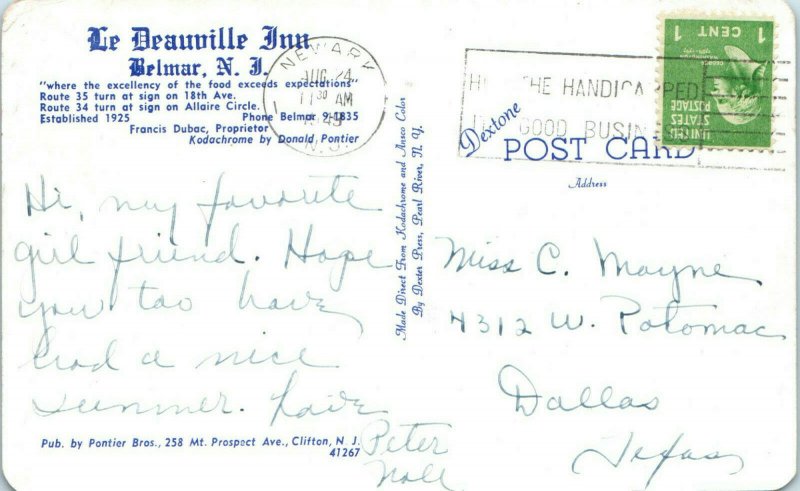 1940s Le Deauville Inn Belmar NJ Postcard