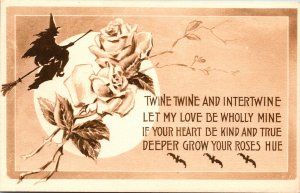 Vintage Gibson Witch, Broom, Roses, Bats, Romance Antique Halloween Postcard