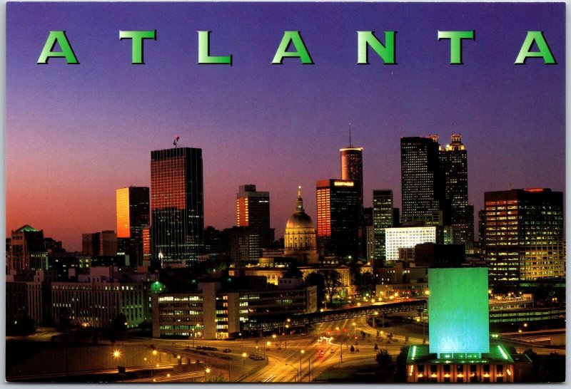 The Colorful Night Skyline Of Atlanta Georgia GA Buildings Attractions Postcard