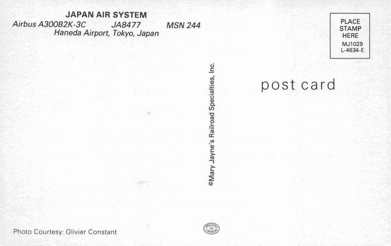 Airline Postcards       Japan Air System Airbus A300B2K-3C JA8477   MSN 244 