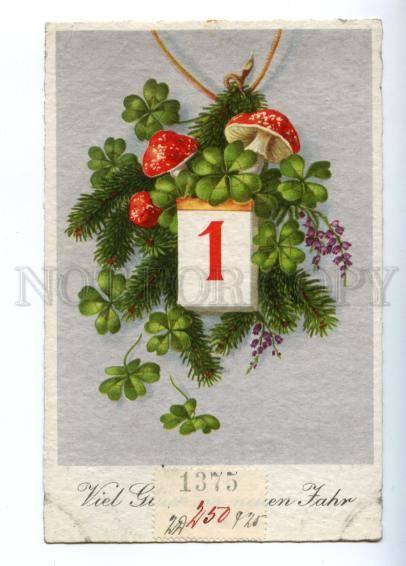 149033 NEW YEAR Clock Bells AMANITA MUSHROOM vintage PC