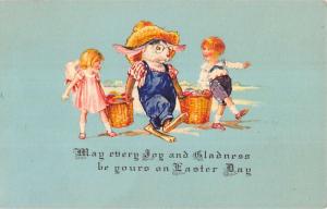 Easter Greetings Dressed Bunny With Children Egg Baskets Antique PC K23654