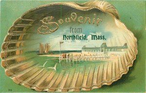 Massachusetts Northfield Shell Frame C-1910 Pier Sailboats Postcard 22-1827