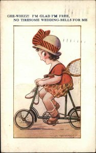 Tempest Kid Comic Tennis Player Girl on Bike Bicycle c1920 Vintage Postcard