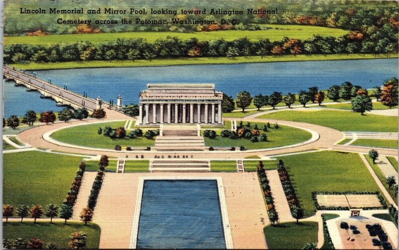 Lincoln Memorial Mirror Pool Arlington National Cemetery Potomac Linen Postcard 