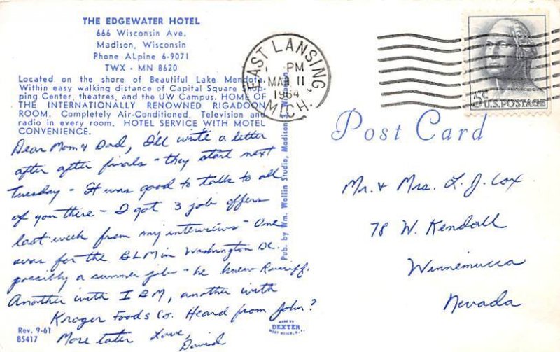 The Edgewater Hotel Madison, Wisconsin, USA Postcard