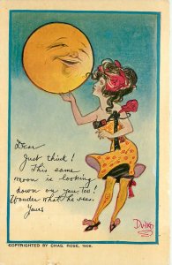Postcard Anthropomorphic Moon S/A Dwig Same Full Moon Looks Down On Us Rose 21