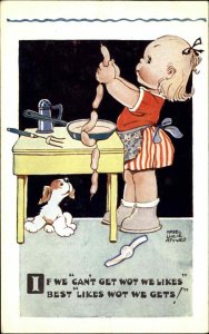 Mabel Lucie Attwell Little Girl with Puppy and Hot Dogs Vintage Postcard