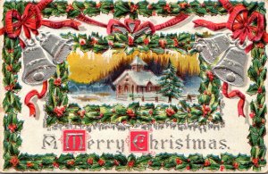 Merry Christmas With Holly Ribbons and Winter Scene