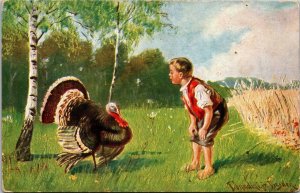 Boy and Turkey in Field signed Dondadini Jr Dresden Thanksgiving Day Postcard