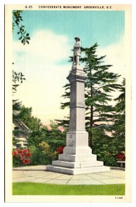 VTG Confederate Monument, Greenville, SC Postcard