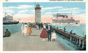 USA Steamer Passing U.S. Lighthouse Chicago Vintage Postcard 07.09