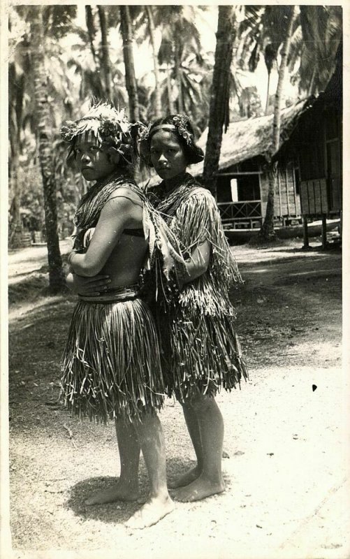 indonesia, MENTAWAI MENTAWEI, Two Native Young Girls (1920s) RPPC Postcard